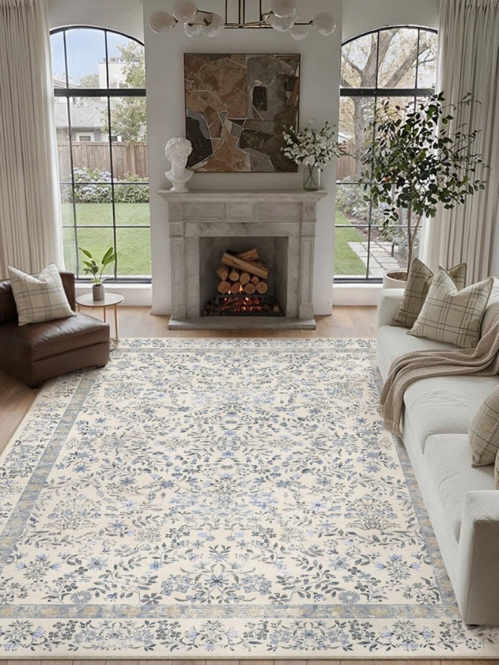 8x10 Blue Floral Area Rug Vintage Farmhouse Style